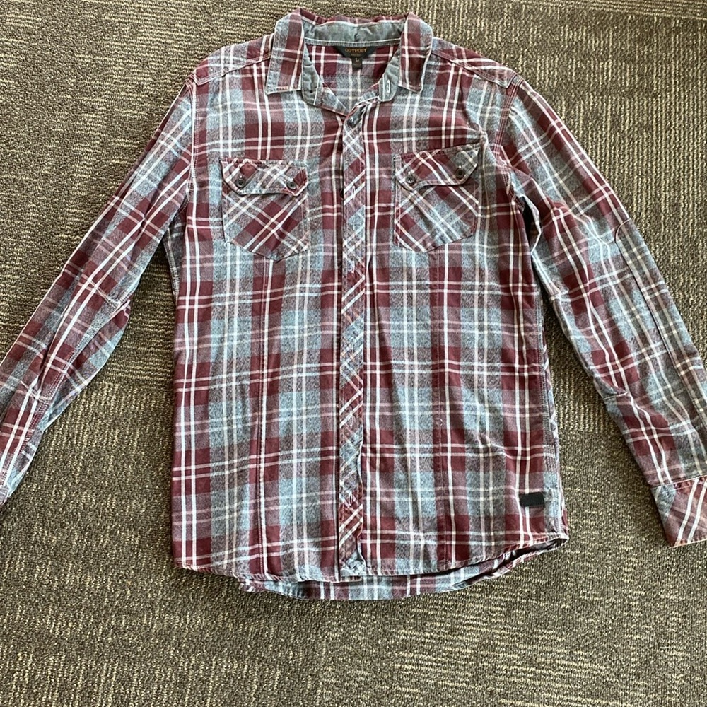 Maroon and gray button up shirt